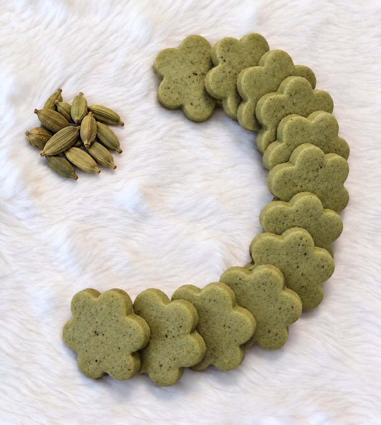 Green flower-shaped matcha cookies arranged in a curved shape with cardamom pods on white fuzzy surface