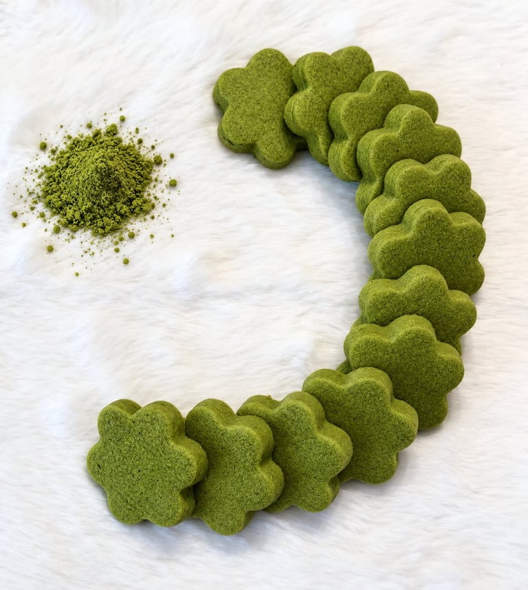 Green matcha powder cookies arranged in a curved J shape with loose powder on white fluffy background