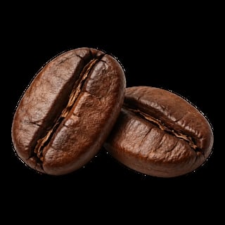 Two roasted coffee beans with glossy brown surface and visible center seam on black background