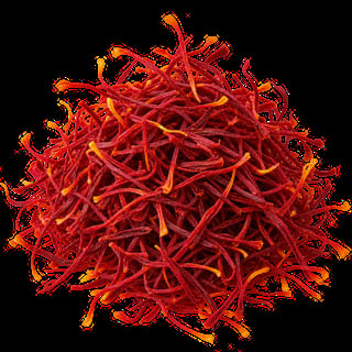 Vibrant red and orange saffron threads clustered together in a spherical shape against a black background