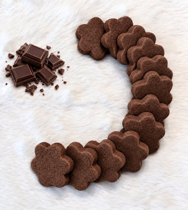 Chocolate heart-shaped cookies arranged in a spiral shape on white fur with dark chocolate pieces