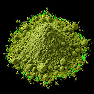 Bright yellow-green powder or particle cluster with irregular, textured surface on black background