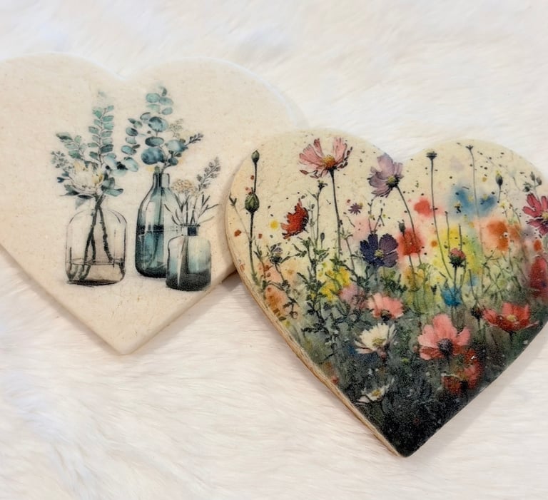 Two heart-shaped ceramic tiles with botanical designs: one featuring flowers in glass bottles, the other with a colorful wildflower meadow.