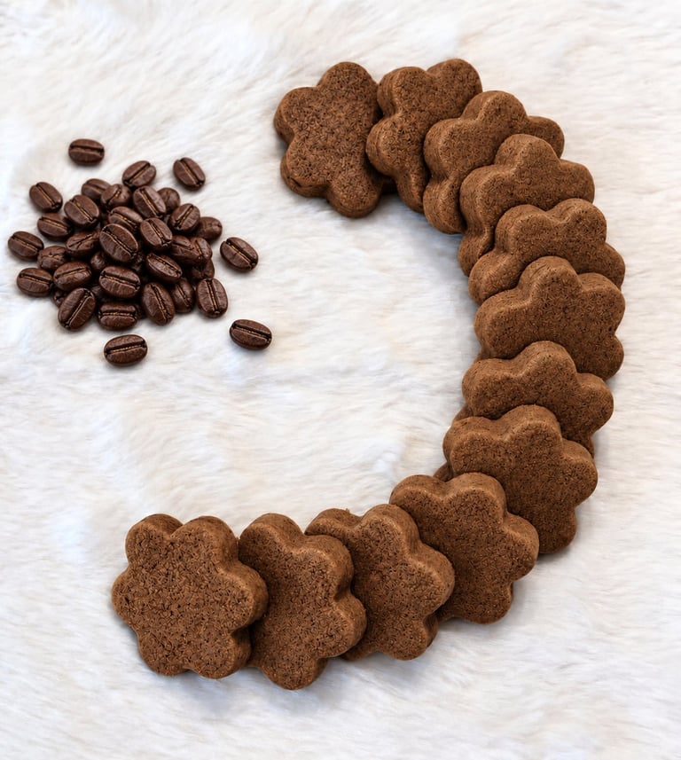 Coffee beans and heart-shaped cookies arranged in a curved shape on white fur background