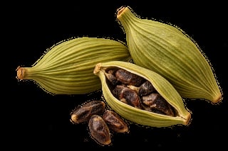 Opened cardamom pod revealing dark brown seeds, with two unopened green cardamom pods on black background