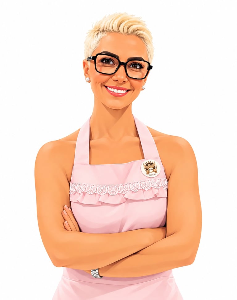 Woman with short blonde hair and glasses wearing a pink apron with lace trim, smiling with arms crossed